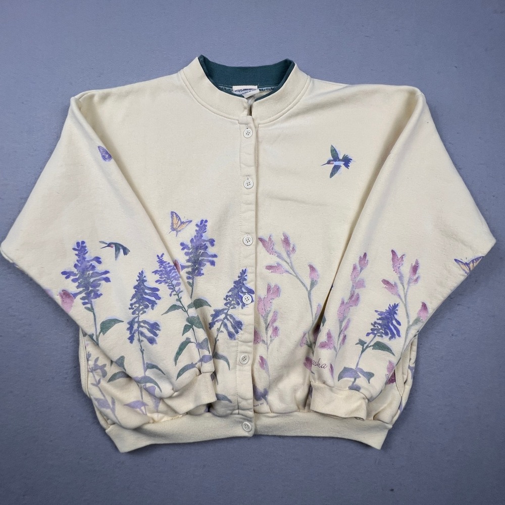 VTG 90s‎ Artisans Floral Cardigan Women M Cream Fleece Cottagecore Hummingbird